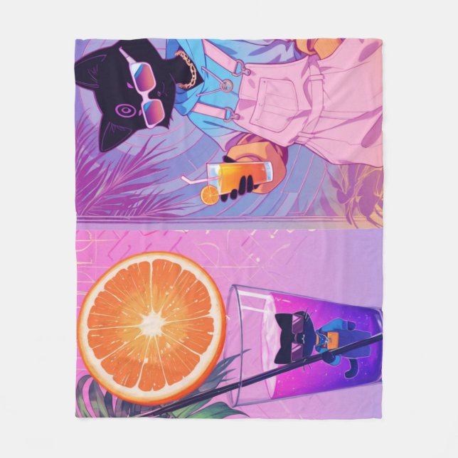 Vaporwave Schwarze Katze  Fleecedecke (Vorderseite)