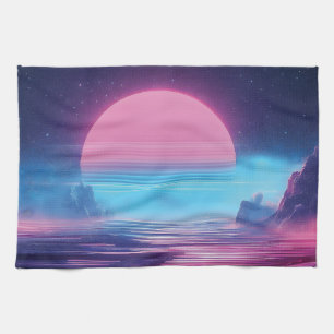 Vaporwave Sonnenuntergang Landschaft, Retro-Futuri Geschirrtuch