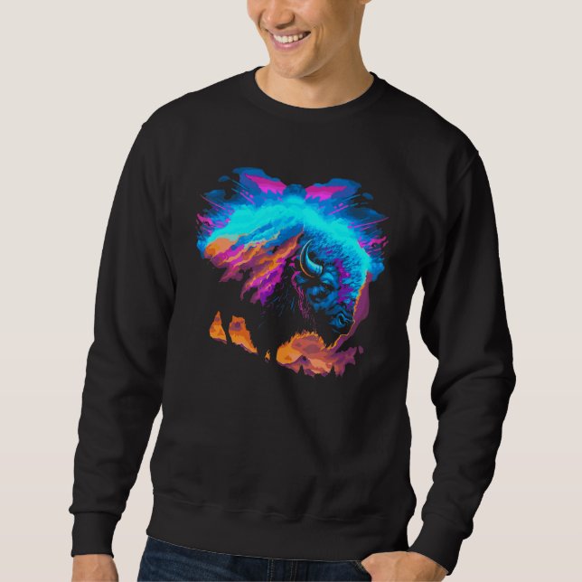 Vaporwave Synthwave Bison Amerikanischer Büffel 80 Sweatshirt (Vorderseite)