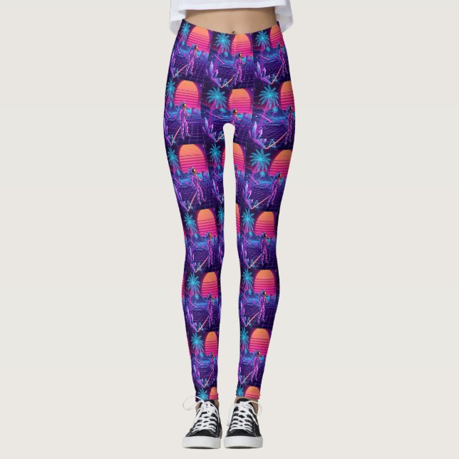 Vaporwave Synthwave Raumfahrer-Muster Leggings (Vorderseite)