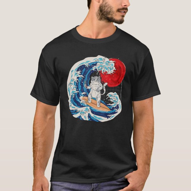 Vaporwave The Japanese Neko Great Cat Wave Sushi R T-Shirt (Vorderseite)