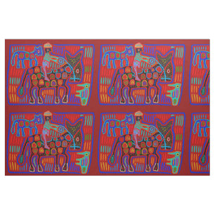 Vaquero und Pferde - Scharlachrot Blau Kuna Indian Stoff
