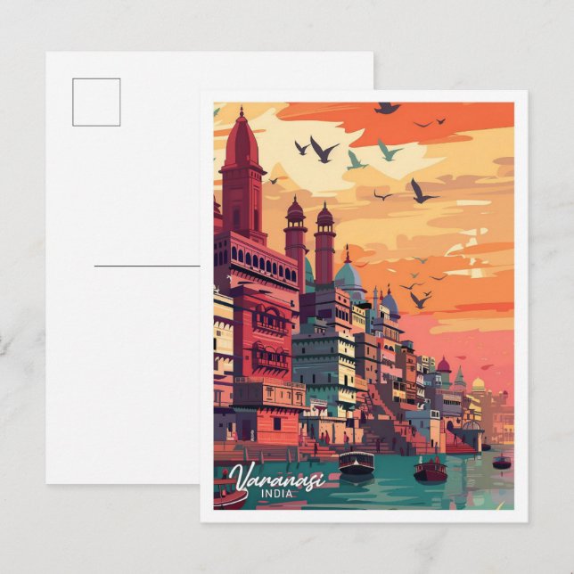 Varanasi India Vintage Travel Illustration Postkarte (Vorne/Hinten)