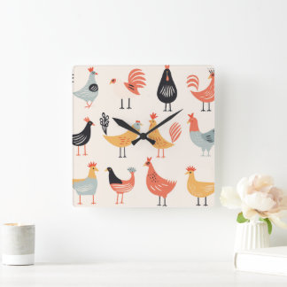 Various chickens on a white background quadratische wanduhr