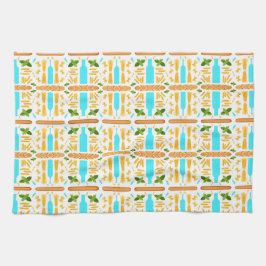 Various dry pasta shapes basil and baguettes geschirrtuch