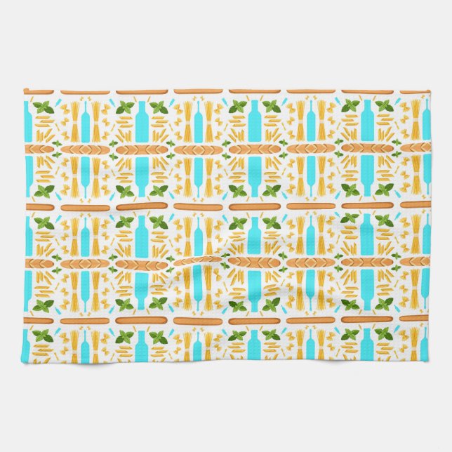 Various dry pasta shapes basil and baguettes geschirrtuch (Horizontal)