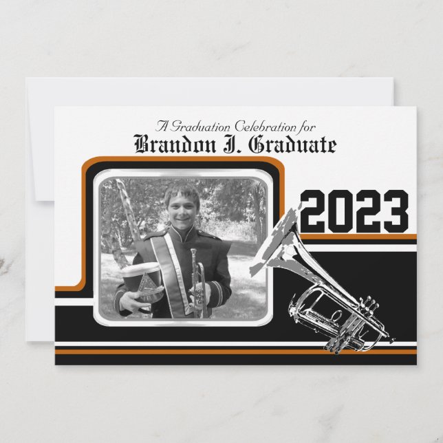 Varsity Band Trumpet Abschluss Foto Orange Einladung (Vorderseite)