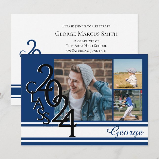 Varsity Blue 2024 Abschluss Tri Foto Einladung (Vorne/Hinten)