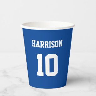 Varsity sports blue white name number pappbecher