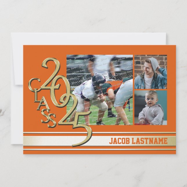 Varsity Stripe Tri Photo Gold Graduate Invitation (Devant)
