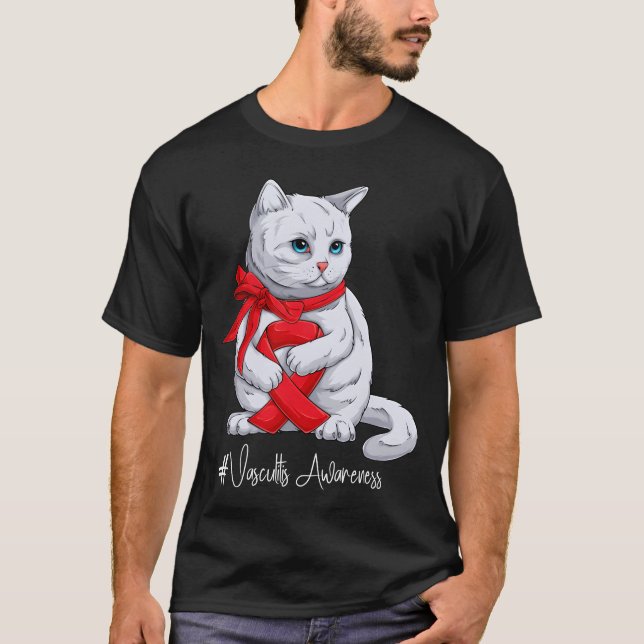 Vasculitis Awareness Month Red Ribbon Cat funny T-Shirt (Vorderseite)