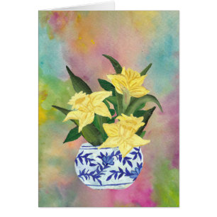 Vase bleu et blanc avec jonquilles