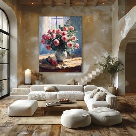 Vase der rosa Rosen durch Fenster - Impressionisti Poster