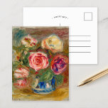 Vase der Rose | Renoir Postkarte<br><div class="desc">Vase der Rose (1913-1915) | Originelle Kunstwerke des französischen Impressionisten Pierre-Auguste Renoir (1841-1919). Das Bild zeigt ein abstraktes impressionistisches Stillleben von rosa Rosen in einer blauen Vase vor einem launischen Hintergrund. Verwenden Sie die Entwurfstools,  um einen benutzerdefinierten Text hinzuzufügen oder das Bild zu personalisieren.</div>