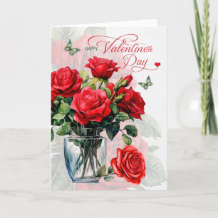 Vase der Rote Rosen und Schmetterlinge Valentinsta Feiertagskarte
