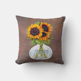 Vase der schönen Sonnenblumen auf braunen Rustikal Kissen
