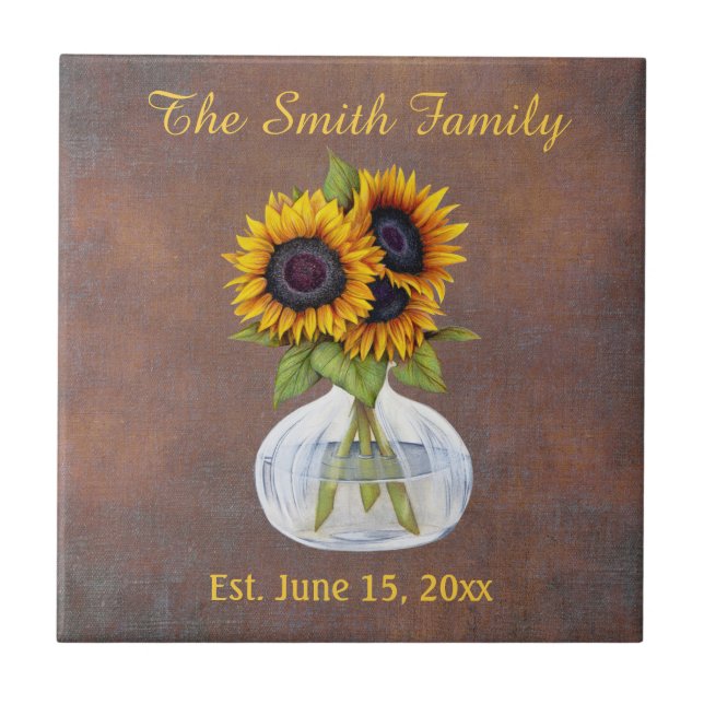 Vase der Sonnenblumen auf braunen Familiennamen Da Fliese (Vorderseite)