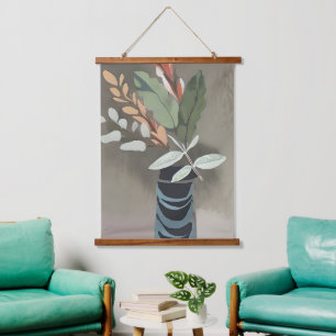 Vase mit Blättern Minimalistische Kunst  Wandteppich Mit Holzrahmen