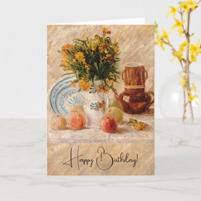 Vase mit Blume, Kaffee und Obst, van Gogh Karte (Gelbe Blume)