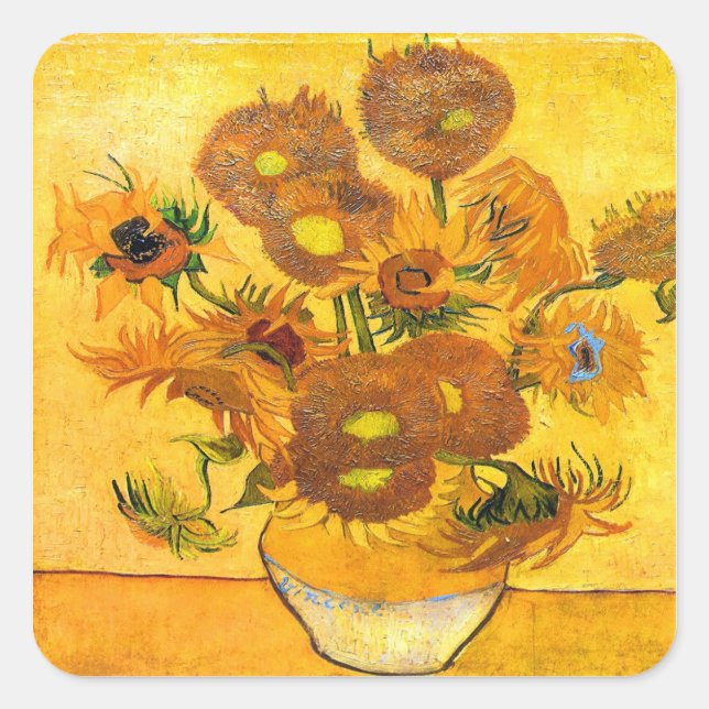 Vase mit fünfzehn Sonnenblumen von Vincent van Gog Quadratischer Aufkleber (Vorderseite)