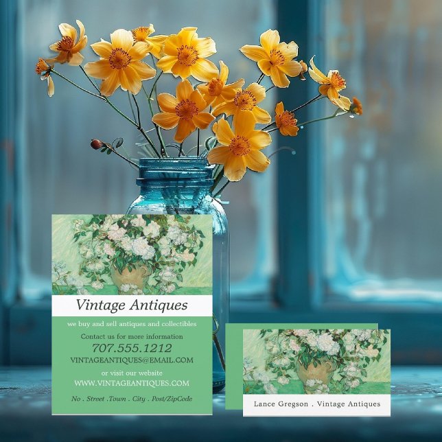 Vase mit rosa Rosen, antiker Händler Visitenkarte (Von Creator hochgeladen)