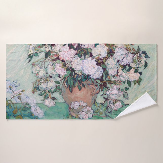 Vase mit rosa Rosen, Van Gogh Badehandtuch (Badehandtuch)