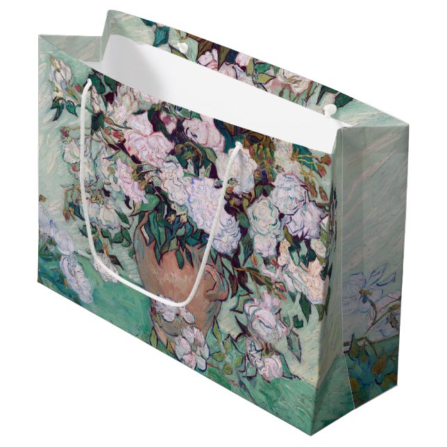 Vase mit rosa Rosen, Van Gogh große Geschenktasche Geschenktüte (Vorderseite Schrägansicht)
