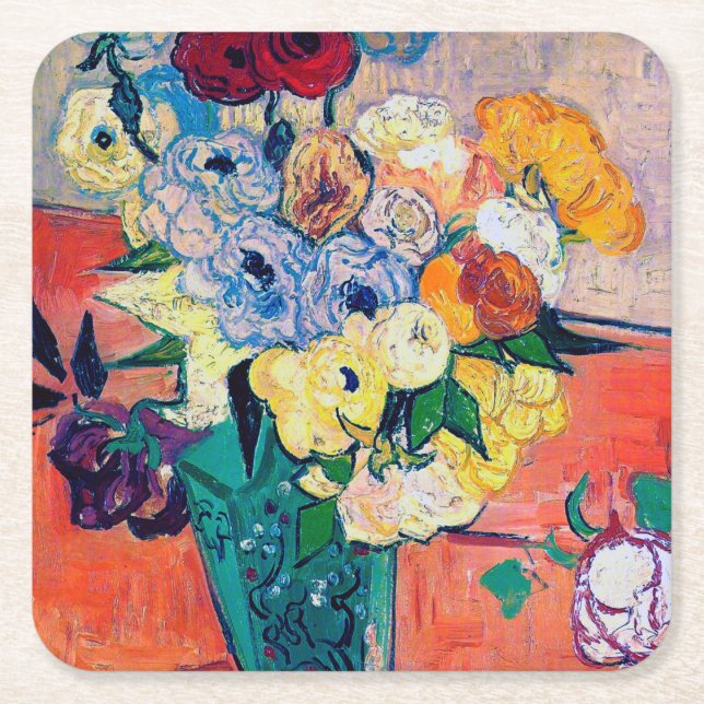 Vase mit Rose und Anemonen, Van Gogh Rechteckiger Pappuntersetzer (Vorderseite)