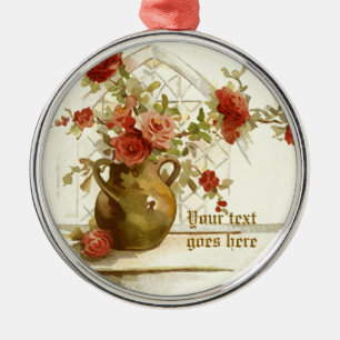 Vase mit rote Rosen Vintage Aquarellverzierung Silbernes Ornament