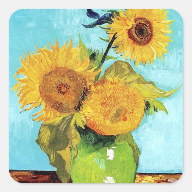 Vase mit Three Sunflowers Van Gogh Kunstpapier Quadratischer Aufkleber (Vorderseite)