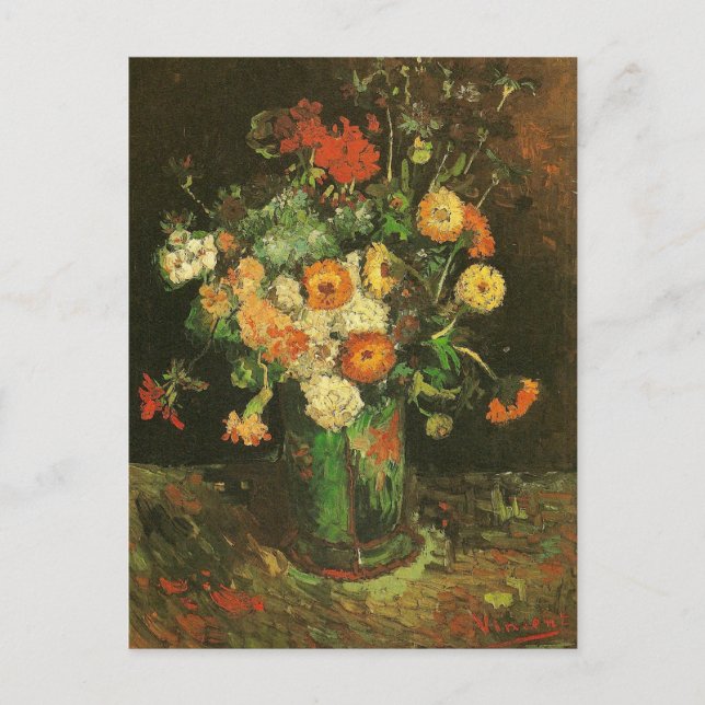Vase mit Zinnias & Geraniums Van Gogh Fine Art Postkarte (Vorderseite)