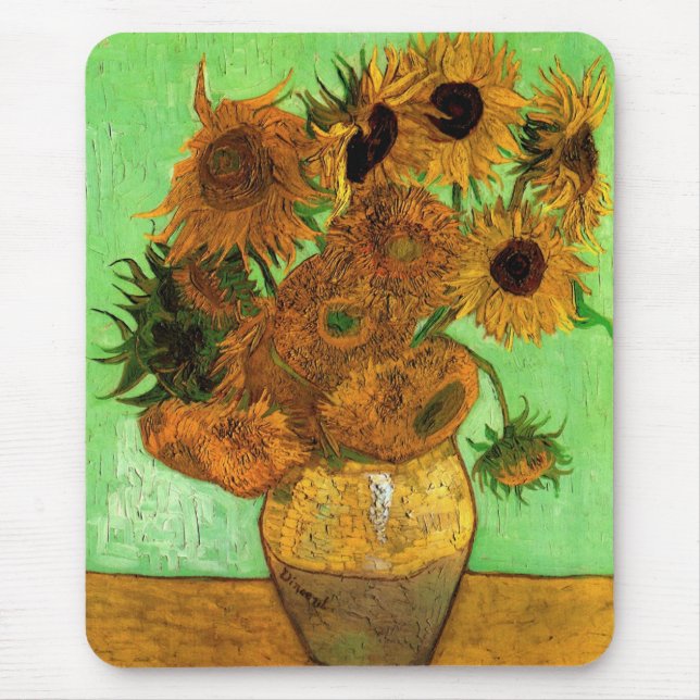 Vase mit zwölf Sonnenblumen von Vincent van Gogh Mousepad (Vorne)