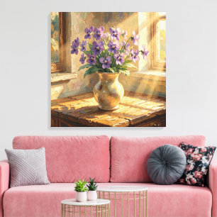 Vasenvase mit lila Veilchen Impasto   Leinwanddruck
