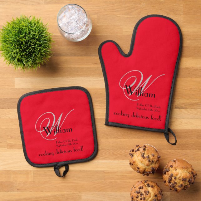 Vater der Braut Mit Monogramm Geschenk einfache ro Ofenhandschuh & Topflappen-Set (Oben Unten)