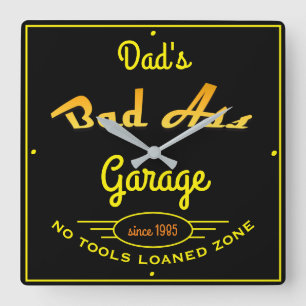 Vater Garage Schwarz und Gelb Bad A Garage Quadratische Wanduhr
