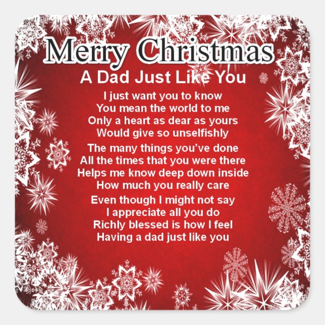 Vater Gedicht - Weihnachtsdesign Quadratischer Aufkleber (Vorderseite)