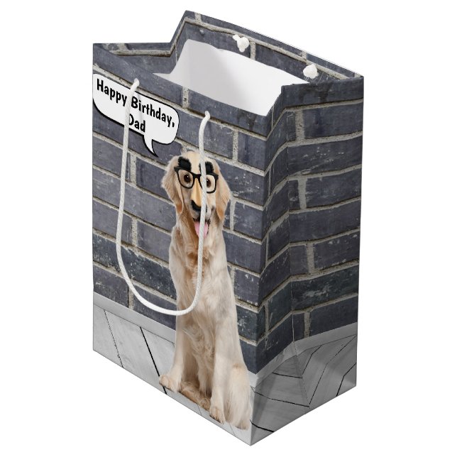 Vater Golden Retriever mit Mustache Maske Medium G Mittlere Geschenktüte (Vorderseite Schrägansicht)