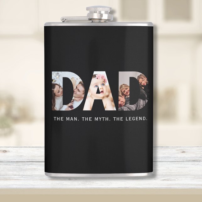 Vater-Legende mit 3-Foto-Collage Flachmann (Dad flask, with 3 photo collage. Text: "The man. The myth. The legend")
