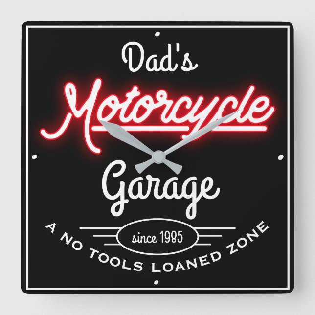Vater Motorradgarage Rote Imitate Neon Black  Quadratische Wanduhr (Vorderseite)