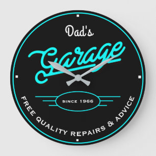 Vater oder beliebige Namensgarage Retro Aqua und S Große Wanduhr