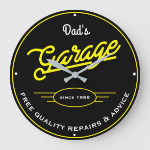 Vater oder beliebige Namensgarage Retro Gelb und S Große Wanduhr
