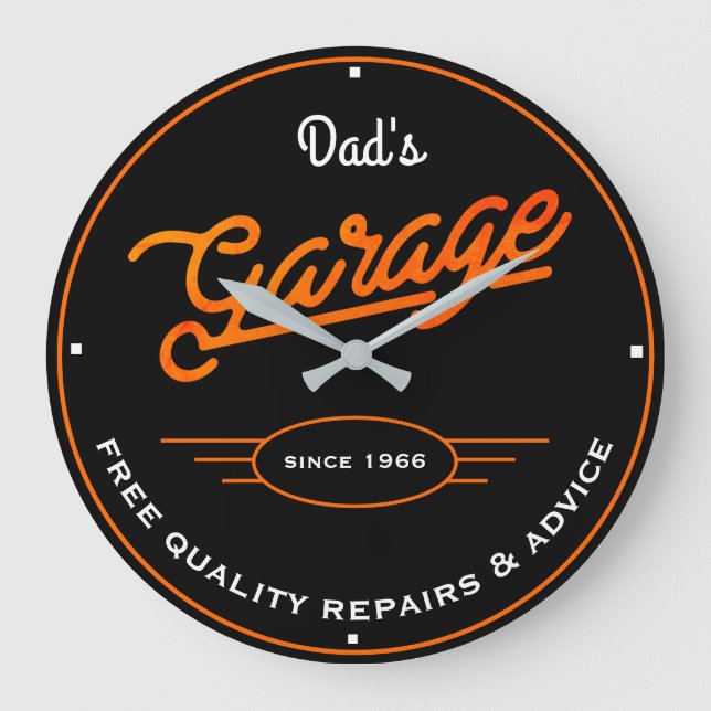 Vater oder beliebige Namensgarage Retro Orange und Große Wanduhr (Vorderseite)