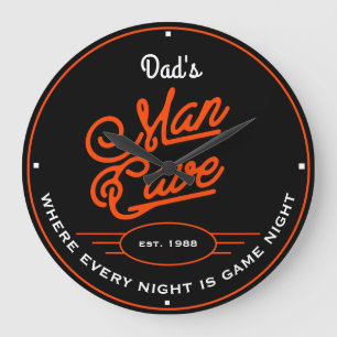 Vater oder jede Namenshöhle Retro Orange Red Black Große Wanduhr