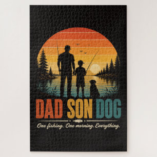 Vater Sohn Hund Angeln Morgen