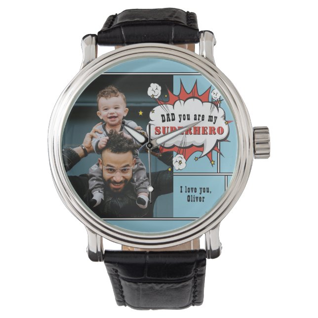 Vater Superhero Comic Speech Bubble Foto Armbanduhr (Vorderseite)