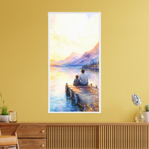Vater-und-Sohn-See-Wasserfarben-Kunstwerk Leinwanddruck