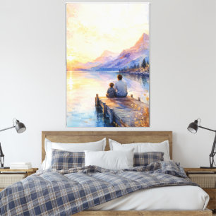 Vater-und-Sohn-See-Wasserfarben-Kunstwerk Leinwanddruck