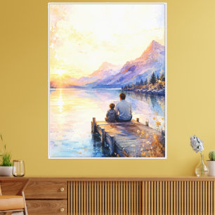 Vater-und-Sohn-See-Wasserfarben-Kunstwerk Leinwanddruck