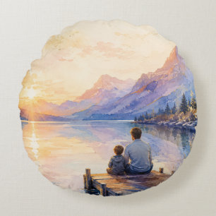 Vater-und-Sohn-See-Wasserfarben-Kunstwerk Rundes Kissen