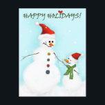 Vater und Sohn von Snowman Feiertagspostkarte<br><div class="desc">Niedlicher erwachsener Schneemann mit seinem süßen Sohn. Text auf der Karte: Happy Ferien mit einem Herz auf der i.</div>